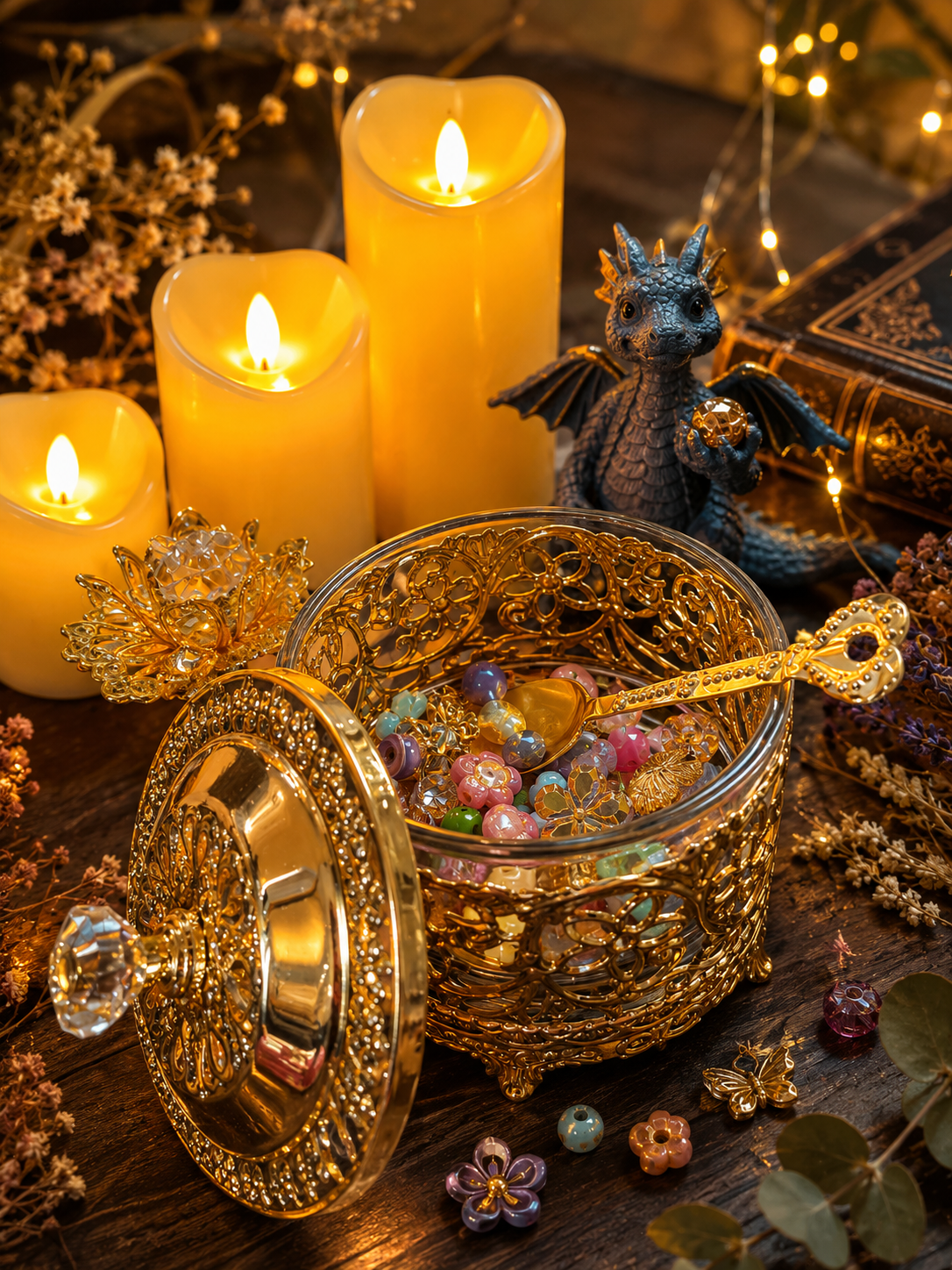 Bol féerique doré rempli de perles colorées, entouré de bougies lumineuses, d’un petit dragon fantasy et d’éléments décoratifs enchantés dans une ambiance chaleureuse et magique inspirée des univers de lecture fantasy.